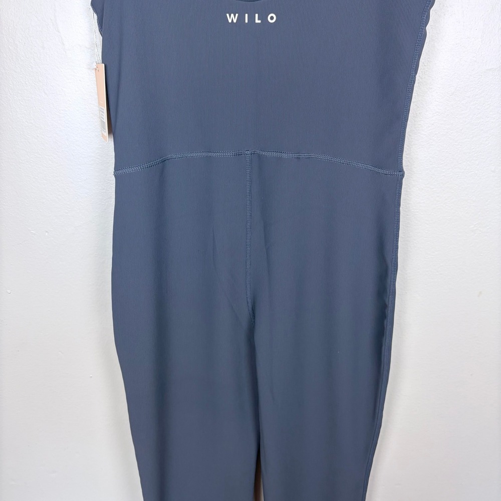Wilo The Label V-Neck Flare Unitard Gunmetal Sleeveless Jumpsuit Blue Size M - Picture 8 of 11